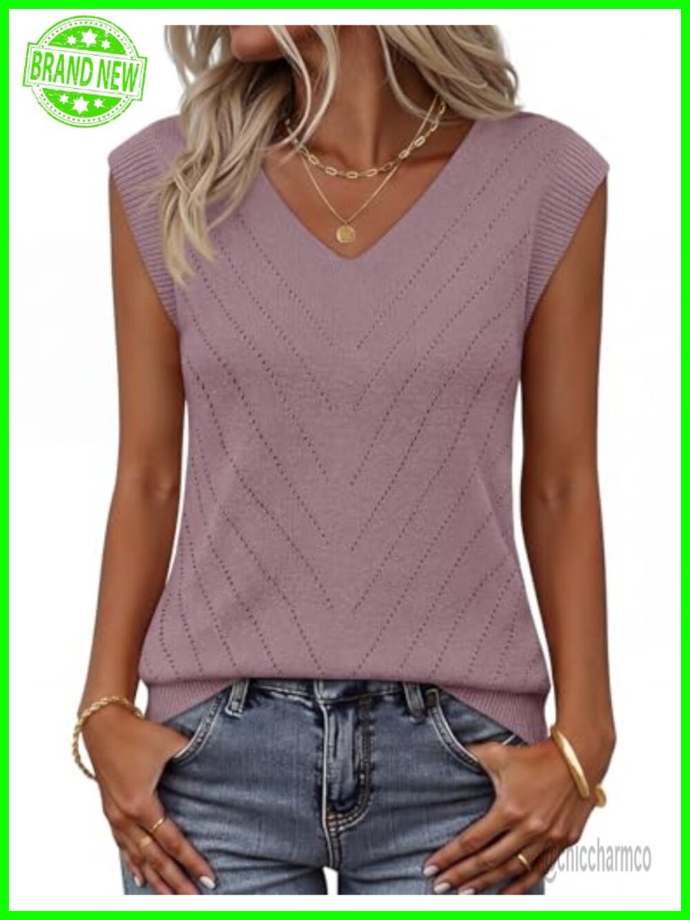 Lightweight Sweater Vest V Neck Eyelet Sleeveless Knit Tank Top